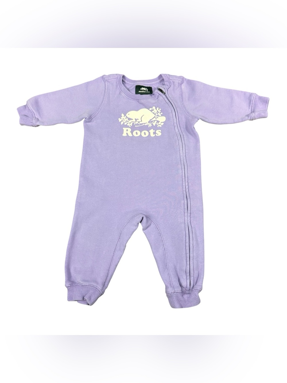 Roots Baby Romper 6-12M Lavender Purple Beaver Logo Organic Cotton Fleece